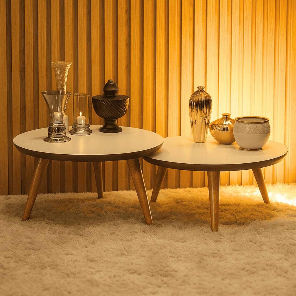 Imagem do produto Kit 2 Mesas de Centro Para Casa Sala De Estar Decorativa Redonda Com Pés Palito Madeira 1