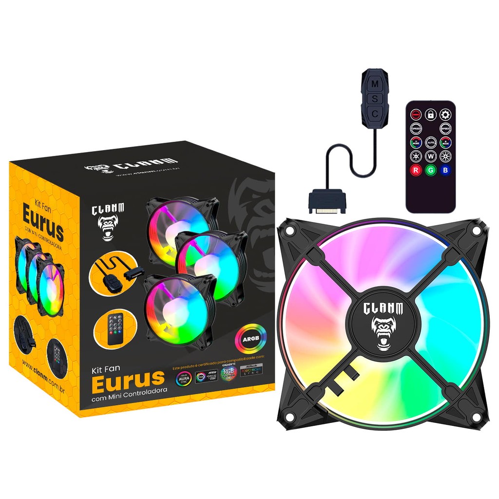 Kit 3 Cooler Fan ARGB Cores e Efeitos Personalizáveis + Controladora c ...