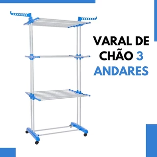 Varal De Chão 3 Andares Dobrável Retrátil Aço Com 4 Rodas