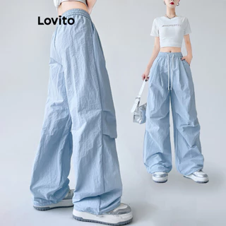 Lovito Calça casual plissada lisa para mulheres LNE74144