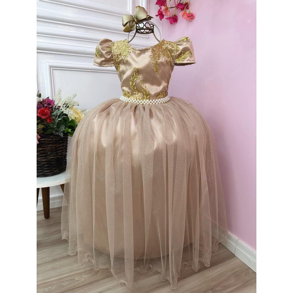 Vestido Infantil Dourado Longo Busto Com Renda Realeza Metalizada