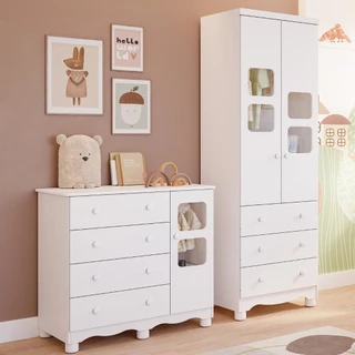 Quarto de Bebê Completo Guarda Roupa Uli 2 Portas Cômoda Uli 100% MDF Peroba