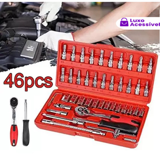 Kit de Ferramentas de 46 Peças, incluindo Soquetes e Chave Catraca Reversível, com Maleta Inclusa