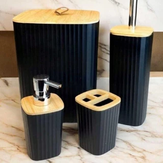 Kit Banheiro 4 Peças Luxo Conjunto Lixeira Porta Escova Sanitária 4 Peças Tampa Bambu
