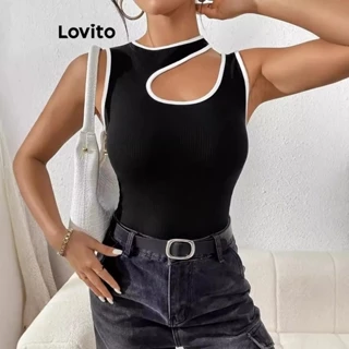Lovito Regata feminina casual com contraste simples e encadernação recortada LNL77426