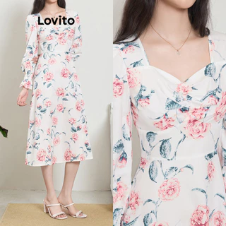 Lovito Vestido elegante com babados e estrutura floral franzida para mulheres L100MD172