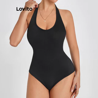Lovito Body casual de malha canelada lisa para mulheres LBL16354