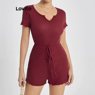 Lovito Macacão casual liso com renda para mulheres LBL16453