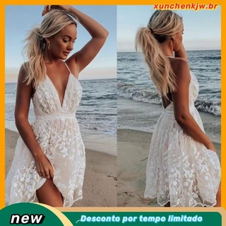 Vestido Feminino Sem Mangas Boho Decote Em V De Pescoço Largo De Praia De Ombro Aberto Nas Costas