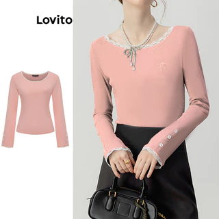 Lovito Camiseta lisa de renda com botões para mulheres L102AD137