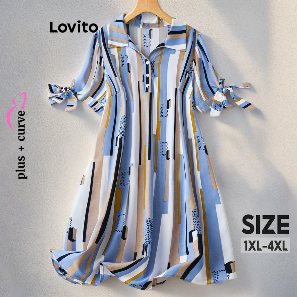 Lovito Vestido feminino casual com botões geométricos plus size LBL14376
