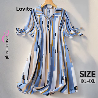 Lovito Vestido feminino casual com botões geométricos plus size LBL14376