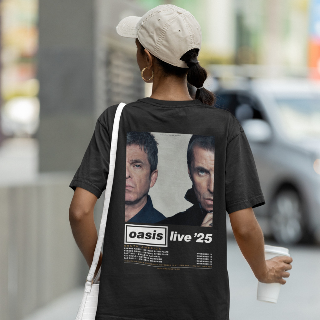 Camiseta Oasis Banda de Rock World Tour Live 25 Turnê Unissex