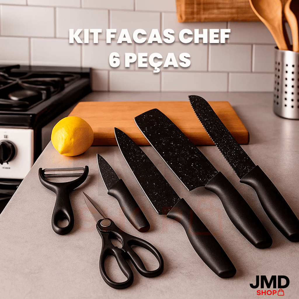 Jogo De Facas Chef 6 Peças Preto Cozinha Em Aço Inox Churrasco Legumes ...