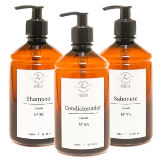 Kit Frasco Ambar Banheiro Minimalista 3 Pçs Shampoo Condicionador Sabonete Luxo 500Ml