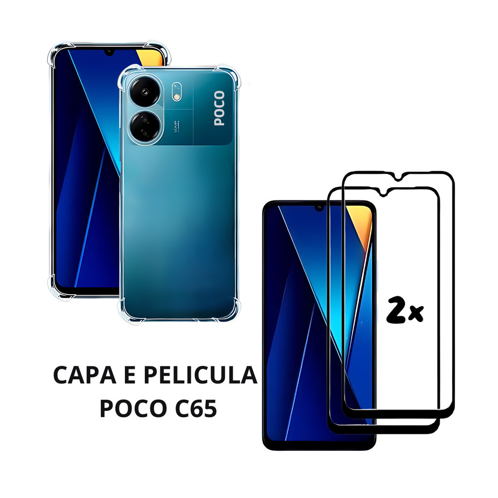Capa Capinha e 2 Peliculas Vidro Compativel Poco C65 Proteção Tela Celular Case Anti impacto
