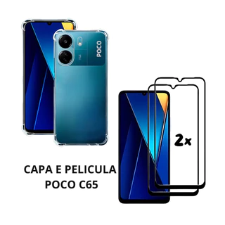 Capa Capinha e 2 Peliculas Vidro Compativel Poco C65 Proteção Tela Celular Case Anti impacto