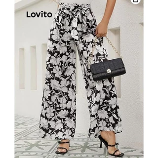 Lovito Calça Boho Floral Lace Up para Mulheres LNL75227