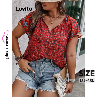Lovito Blusa Plus Size Curve Boho Tribal Print Ruffle Pattern para mulheres LNL79284