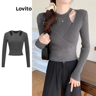 Lovito Casual Plain Fake 2 em 1 Recorte Ombro Frio Suéter para Mulheres L102AD205