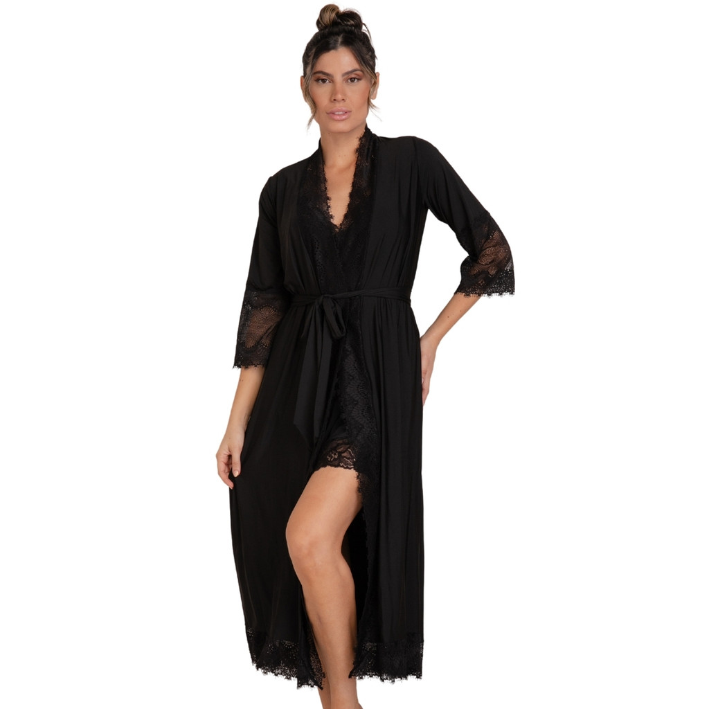 Robe Feminino Midi Elegante Amarração Roupão Renda Luxo | Shopee Brasil