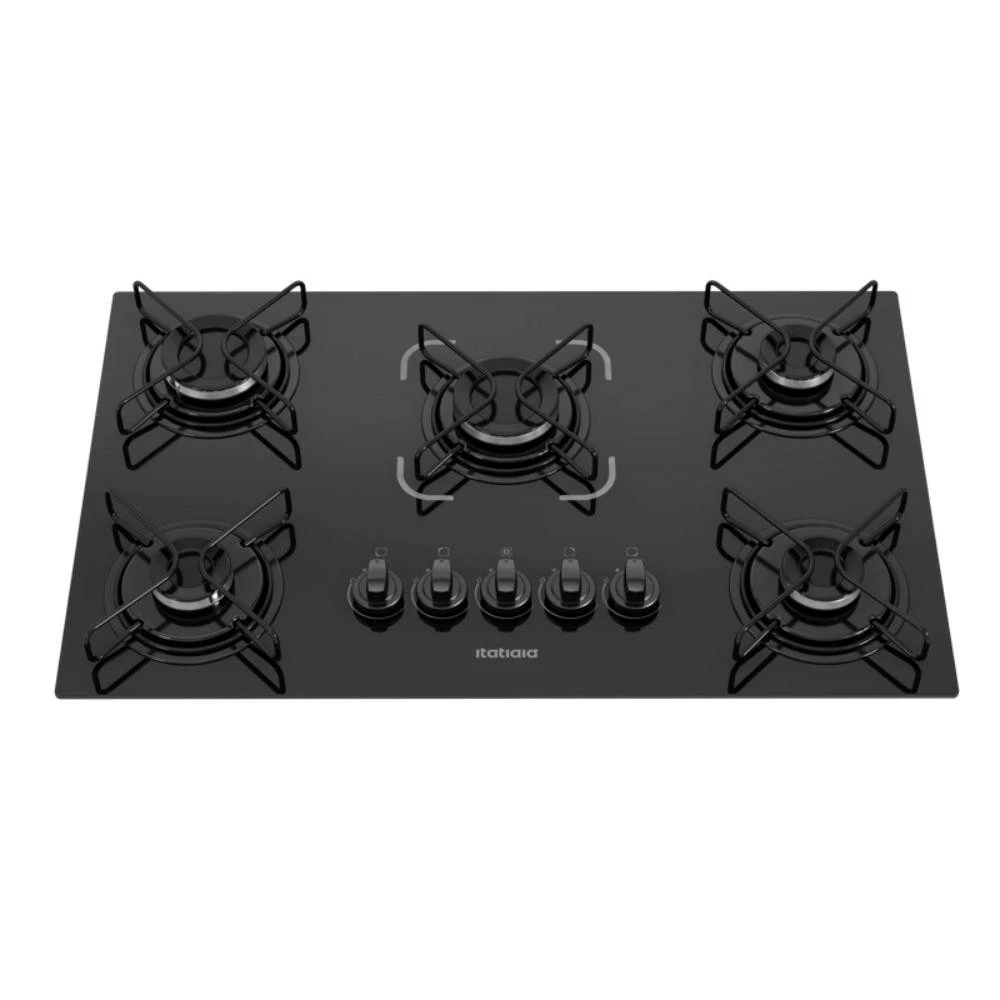 Vista superior do Cooktop Itatiaia Essencial 5 bocas mostrando os queimadores e botões frontais