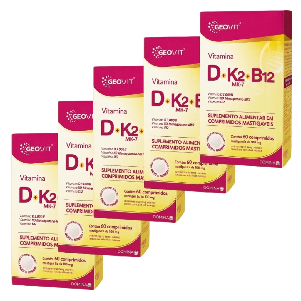 Kit 5x Vitamina D + K2 Mk7 + B12 Geovit Sabor Morango | 60 Comprimidos ...