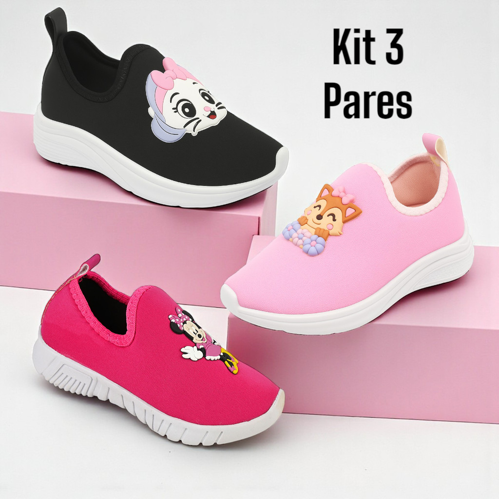Kit 3 Pares Tênis Infantil Menina Confortável Calce Fácil Macio Antiderrapante