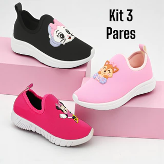 Kit 3 Pares Tênis Infantil Menina Confortável Calce Fácil Macio Antiderrapante