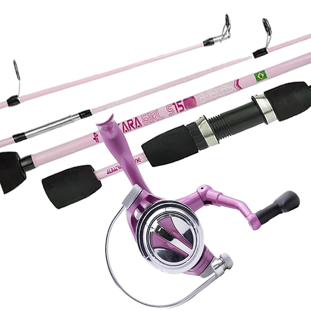 Kit P/ Mulheres Molinete Rosa 3Rolamento Vara Inteiriça 12Lb