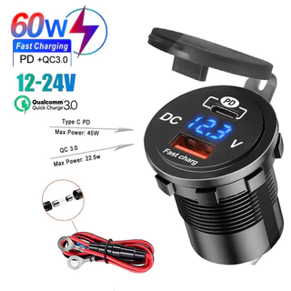 Tomada Carregador Carro USB Tipo C PD3.0 Voltímetro Vermelho