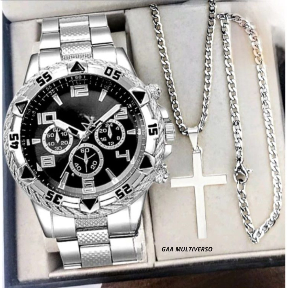 Relógio Masculino Aço inoxidável Conjunto com Corrente + Pulseira Presente Pais/Namorados