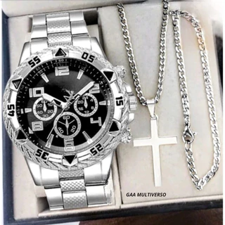 Relógio Masculino Aço inoxidável Conjunto com Corrente + Pulseira Presente Pais/Namorados