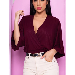 Blusa Morcego Cropped Feminino Transpassada Decote V Manga Larga