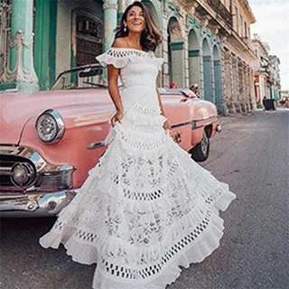 Vestido de renda oco com gola de folha de lótus novo estilo urbano elegante europeu e americano, roupas femininas de cintura alta monocromáticas