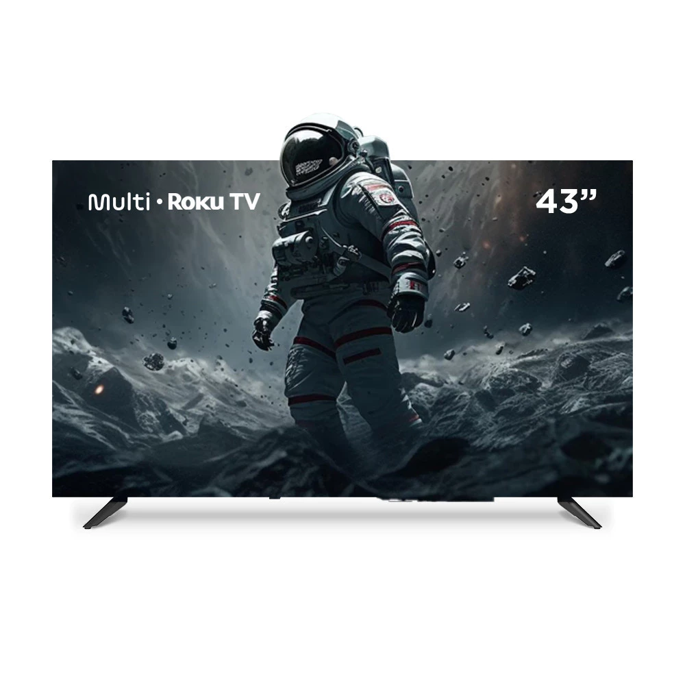 Smart TV Multi de 43 polegadas com imagem de astronauta flutuando no espaço exibida na tela