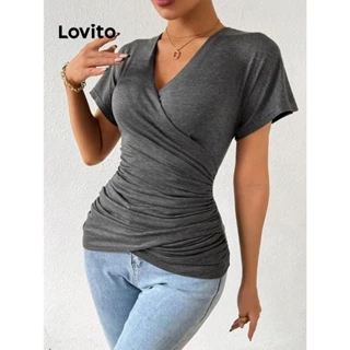 Lovito Camiseta casual simples para mulheres LNL75355