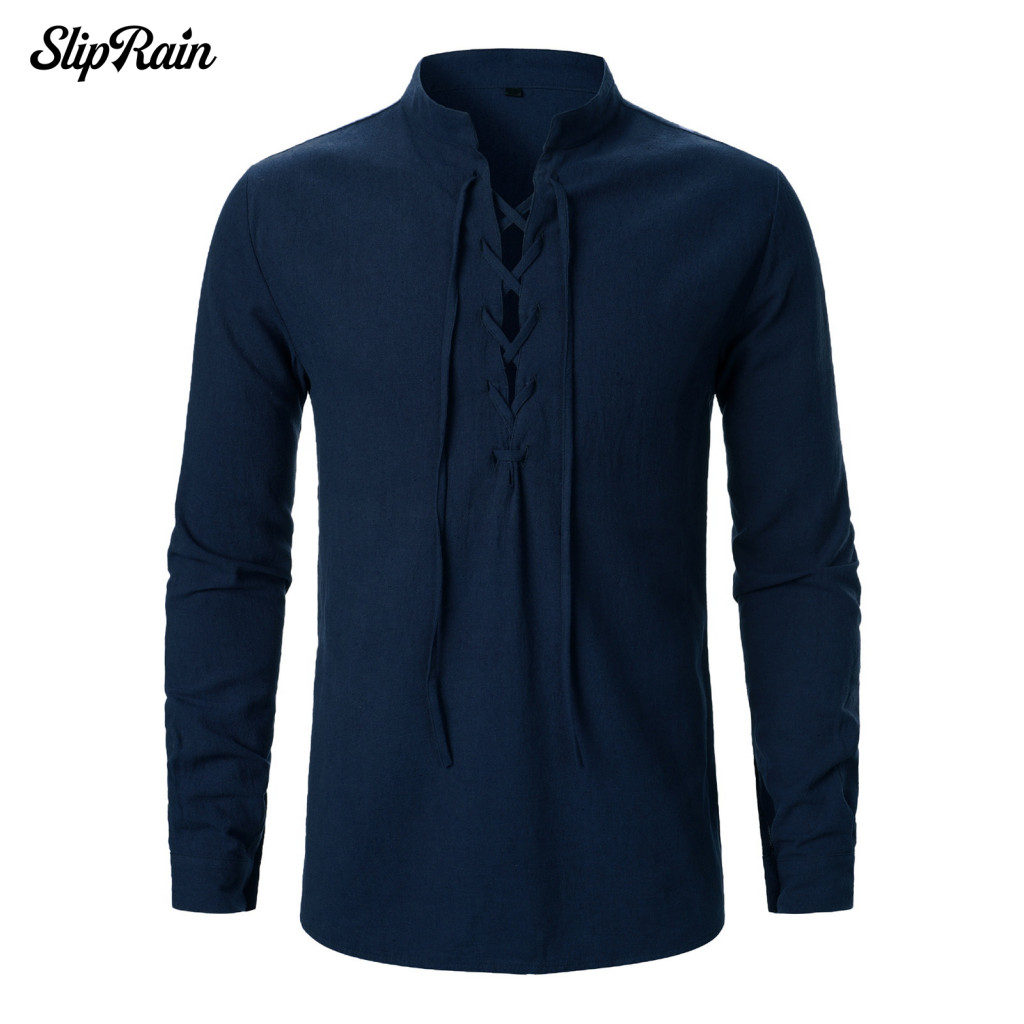 Stand Collar Men Shirt Long Sleeve Men's Lace-up with Cufflink Retro Medieval Style for Casual Office Wear