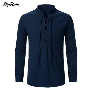 Stand Collar Men Shirt Long Sleeve Men's Lace-up with Cufflink Retro Medieval Style for Casual Office Wear