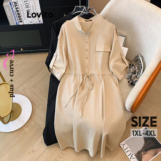 Lovito Vestido Plus Size Curvo Casual Simples Com Cordão E Botão Para Mulheres LNL79047