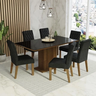 Conjunto Sala de Jantar Mesa Tampo de Vidro 6 Cadeiras Rustic/Preto/Oxford Geórgia Madesa em Oferta na Shopee