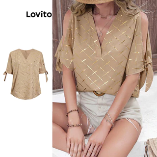 Lovito Blusa elegante com corte de metal e textura de laço geométrico para mulheres L99ED994
