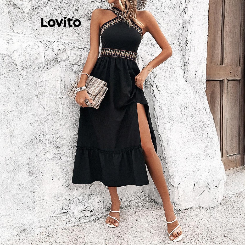 Lovito Vestido boho liso dividido para mulheres LNL74081