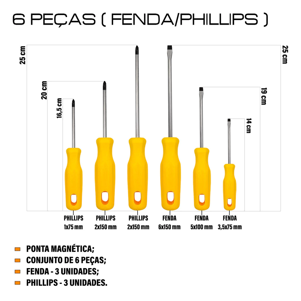 Conjunto Chaves Fenda e Phillips Ponta Magnetizada 6 Peças