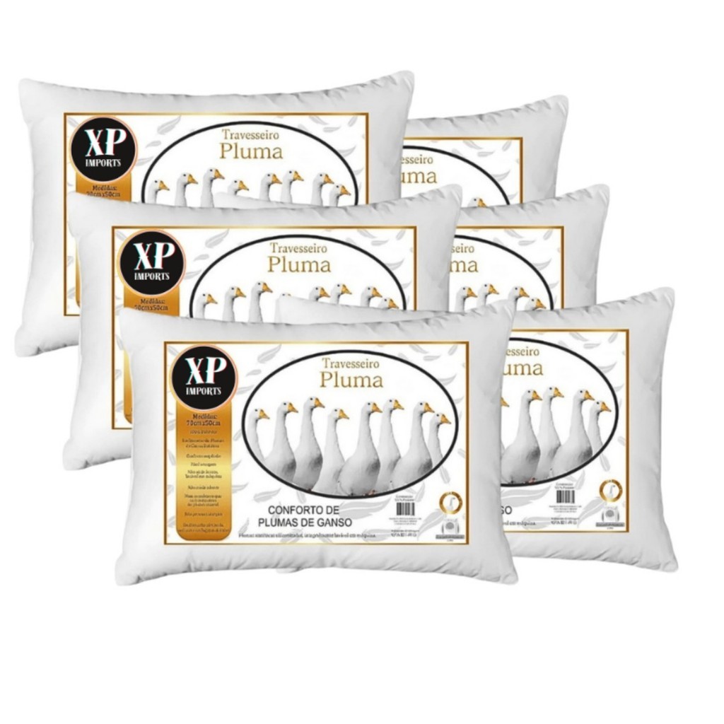 Kit 6 Travesseiro Pluma de Ganso Descanso Antiacaro 70x50cm Luxo