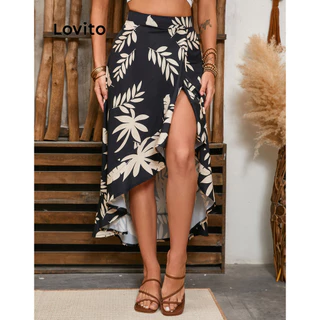 Lovito Saia Boho Plants Ruffle Split Front Wrap para mulheres LBL17648