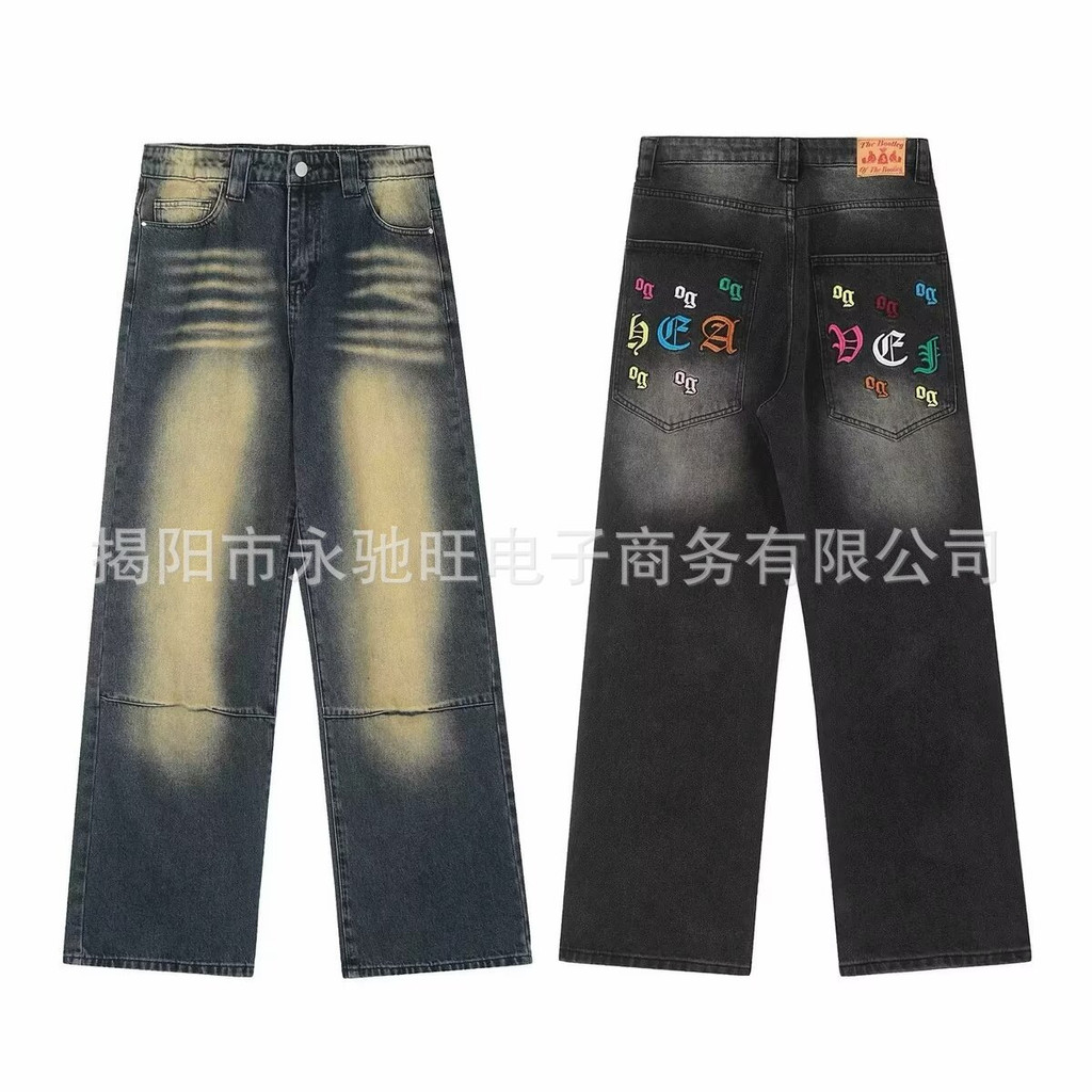 Calças Jeans Bordadas com Letras Vintage Lavadas Estilo Americano de ...