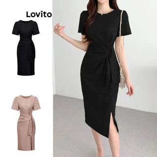 Lovito Casual Vestido Feminino Liso com Nó e Fenda Frontal L80ED307