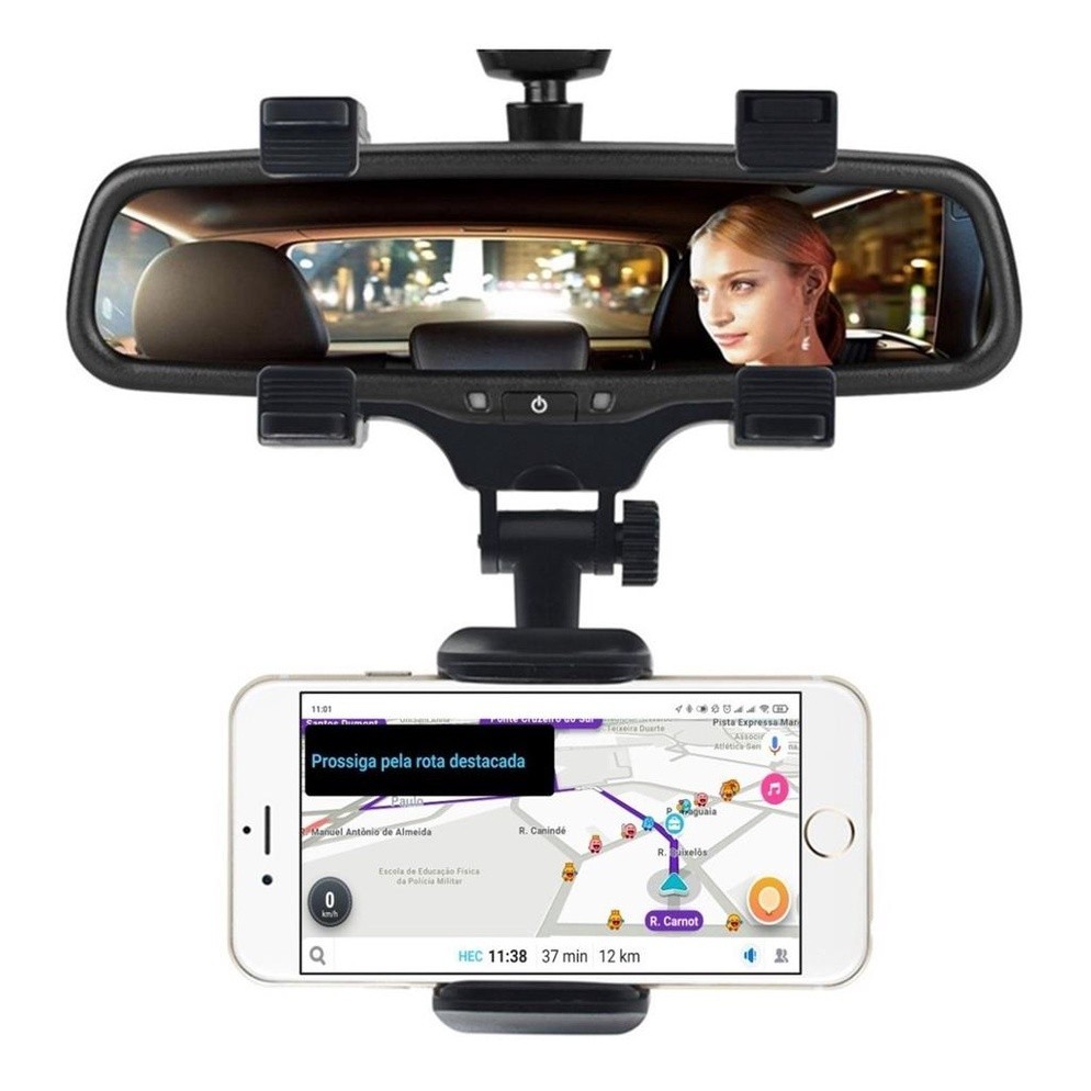 Suporte para Celular Smartphone com Apoio no Retrovisor Extensível Giro 360º