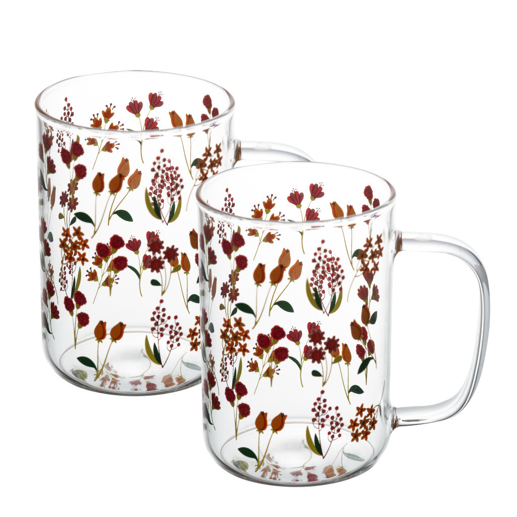 Conjunto 2 Canecas de Vidro Borossilicato Resistente a Calor Flores 280ml Wolff